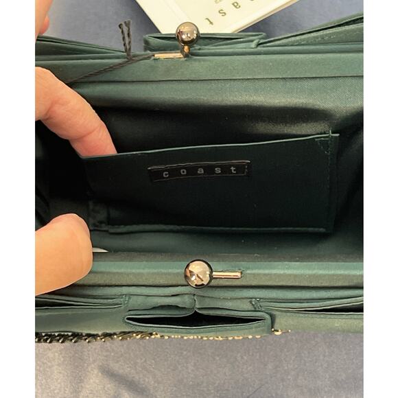 COAST Green Satin Unique Evening Bag Clutch with Chain Shoulder Strap NWT - Picture 5 of 14